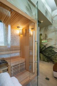 佛罗伦萨Hotel Mia Cara & Spa的一间室内带玻璃淋浴间的桑拿浴室