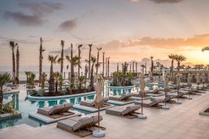 赫索尼索斯Europa Beach Hotel & Spa的酒店游泳池设有躺椅和棕榈树