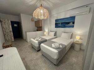斯卡拉戴迪思公寓的酒店客房设有两张床和吊灯。