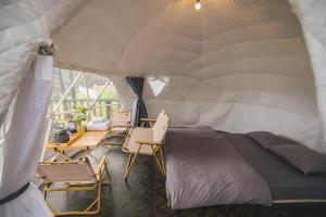 大叻Lavender Dalat Hotel and Resorts的帐篷内带一张床和椅子的房间