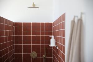 ParmainLomalia的红色瓷砖浴室设有淋浴和肥皂机
