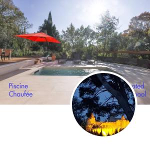 卡尔卡松Villa st Francois Piscine privée chauffée ,clim ,parking gratuit的一张带红伞的游泳池的照片