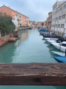 威尼斯Appartement GIUDECCA的一群停泊在运河上的船,有建筑物