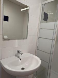 Albergue Valmadrid的白色的浴室设有水槽和淋浴。