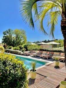 圣保罗-德旺斯托勒布兰奇酒店的一个带躺椅的游泳池,并种植了棕榈树