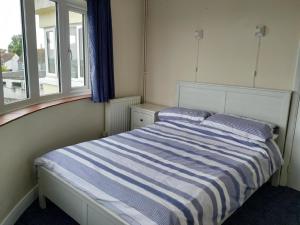 迪姆彻奇Appartement mit wunderbarem Panoramaausblick的卧室配有带窗户的蓝色和白色条纹床