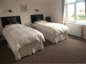 帕Penarth Guest House的一间卧室设有两张带白色床单的床和窗户。