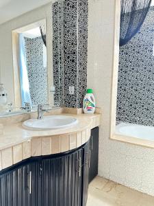 阿加迪尔Fabulous Apartment in Marina Agadir的浴室配有盥洗盆、镜子和浴缸