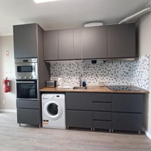 蓬塔德尔加达Conteira Apartment的厨房配有洗衣机和洗衣机。