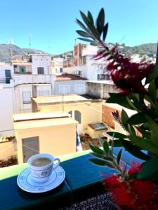 罗萨斯Escondite central con terraza compartida en la azotea的坐在桌子上边边边喝咖啡边欣赏风景