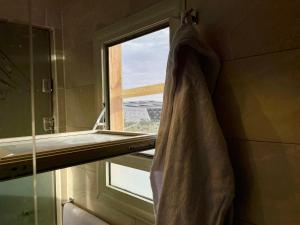开罗Pyramuse INN的挂在带窗户的浴室内的浴帘
