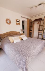 卢恰纳Chambre d'hôte Kalango proche de la plage-Piscine的一间卧室配有一张大床和枕头