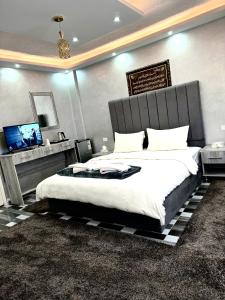 瓦迪穆萨Petra Pillars Hostel的一间卧室配有一张大床和一台平面电视