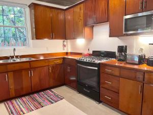 库尔克岛Caribbean Beach Suite的厨房配有木制橱柜和炉灶烤箱。