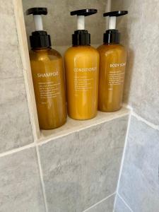 布罗德斯泰Pierremont En-Suite Rooms的浴室内架上的三瓶洗发水和护发素