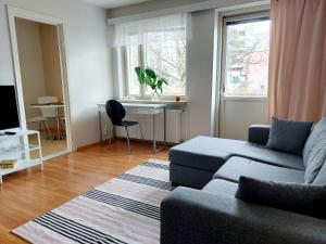 约恩苏Spacious studio apartment near the center of Joensuu的带沙发、桌子和窗户的客厅