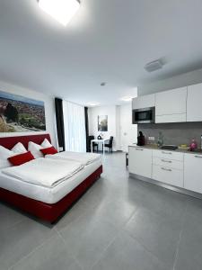 格拉茨Grazora Living Apartments的一间带大床的卧室和一间厨房