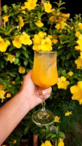 里奥阿查Hotel Alikaa Wayira的手持一杯橙色果汁,花朵黄色