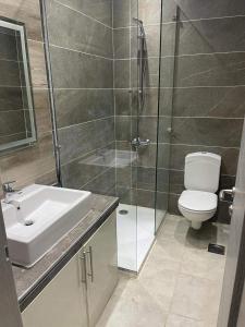 艾因苏赫纳Ilmontegalala的浴室配有卫生间、盥洗盆和淋浴。