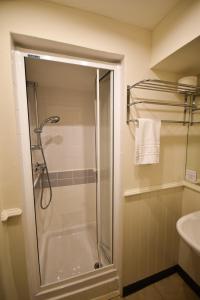 霍克斯黑德Red Lion Inn的带淋浴的浴室和玻璃门