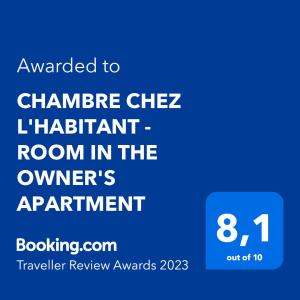 尼斯CHAMBRE CHEZ L'HABITANT - ROOM IN THE OWNER'S APARTMENT的一个蓝色的文本框,单词被更改为chmeerechez图书馆员