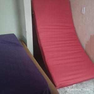北茹阿泽鲁Hostel parque ecológico的客房内的红色和紫色双层床