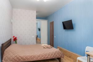 哈尔科夫Блакитна студия, Південний вокзал 5 хвилин的卧室配有一张床,墙上配有电视。