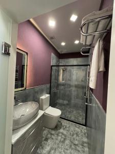巴库Liberta Hotel Baku的一间带水槽、卫生间和淋浴的浴室