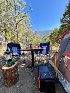 Los LiriosCamping en la Sierra de Arteaga的野餐桌、两把椅子和帐篷