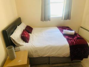 科芙Sea view Flat Cobh的一间卧室配有一张带红色枕头的床和一扇窗户