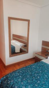 潘普洛纳Habitación Renfe的镜子,配有床和床罩