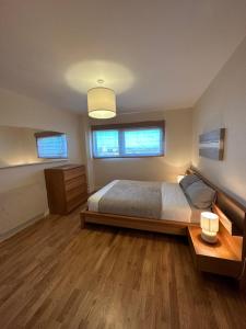 卡迪夫Cardiff City Center - with Parking的一间卧室配有一张床、一张桌子和两个窗户