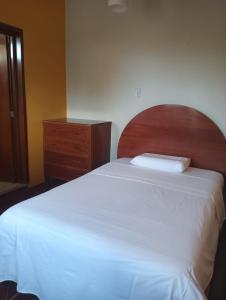 普卡尔帕Cáyamahue Guest House的一间卧室配有一张带木制床头板的床和梳妆台。