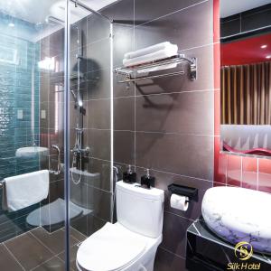 胡志明市Silk Hotel near Tan Son Nhat Airport的一间带卫生间和玻璃淋浴间的浴室