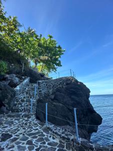 曼巴豪Tongatok Cliff Resort的通往悬崖上的海洋的石头路径