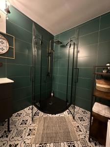 采西斯Rakši的绿色浴室设有玻璃门淋浴