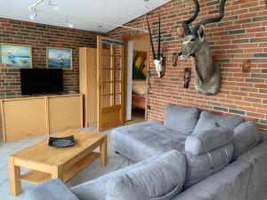 库拉萨Hos Franz的客厅配有沙发和壁挂羚羊头