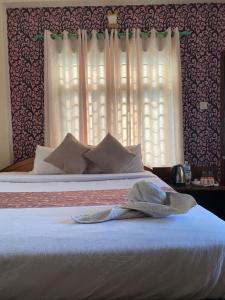 索拉哈Hotel Safari Suite的一间卧室配有一张带白色床单的床和一扇窗户。