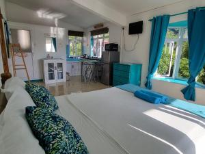 拉戈莱特Surf House的一间卧室配有一张带蓝色窗帘的大床,还设有一间厨房