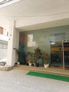 新德里Hotel Ambience Palace Near IGI Airport Delhi的窗户上装有盆栽植物的商店前