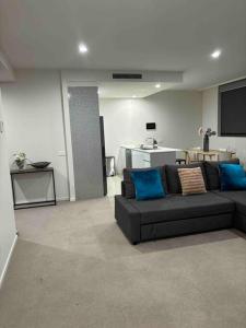 堪培拉Plush Apartment on Mort的客厅配有黑色沙发和蓝色枕头。