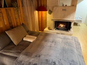 波什格伦Just Like Home Bed & Spa Porsgrunn的带沙发和壁炉的客厅