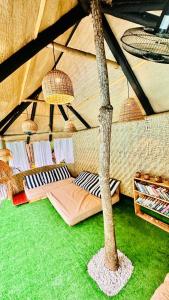 迪亚尼海滩Kijani Cottages - In Diani的帐篷内有一棵棕榈树的房间