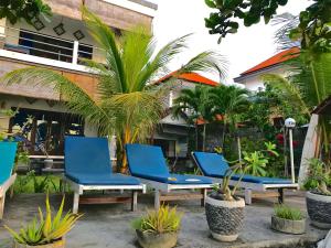 艾湄湾图德斯寄宿酒店的一群蓝色的椅子和棕榈树,在一座建筑前