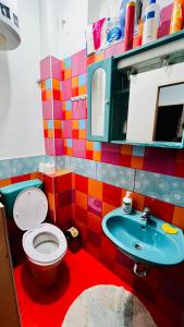 萨拉热窝巴尔干汉旅馆的色彩缤纷的浴室设有卫生间和水槽。
