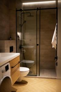 久姆里BARBAR APART HOTEL的一间带卫生间和玻璃淋浴间的浴室