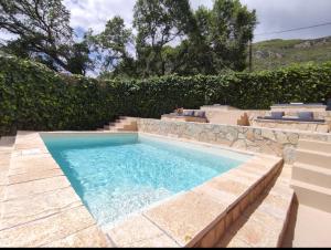 SkriperónGKK House private swimming pool luxury house的一座带石墙的庭院内的游泳池