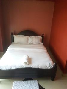 坎帕拉Suzie hotel Kampala hotel的一间卧室配有带白色床单和枕头的床。