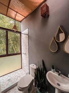 ChinchináIntrepido Glamping的一间带卫生间、水槽和窗户的浴室