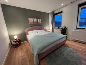 布劳施泰因Gemütliches 3 Zimmer Apartment nahe Science Park的一间卧室设有一张床和两个窗户。